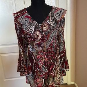 Dress Barn long sleeve print blouse with ruffles at neckline